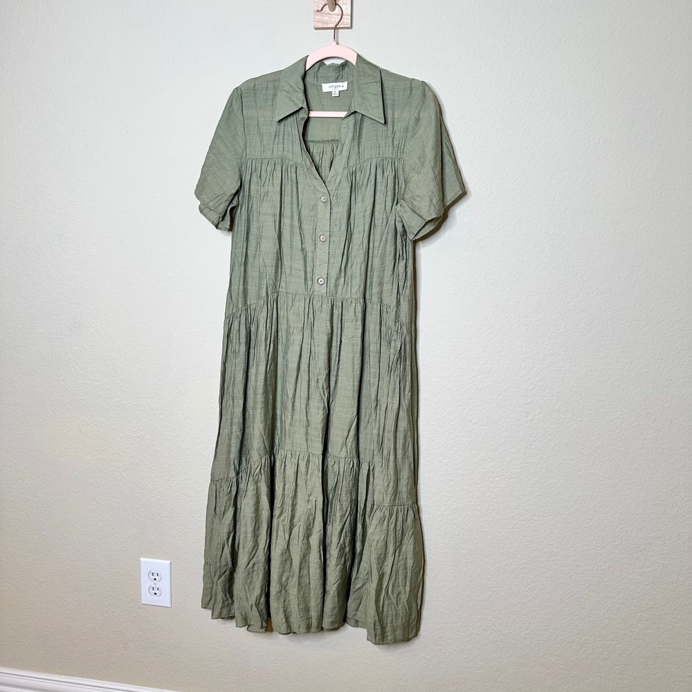 Umgee USA Olive Green Tiered Midi Dress Short Sleeve Button Front XL Boho Earthy